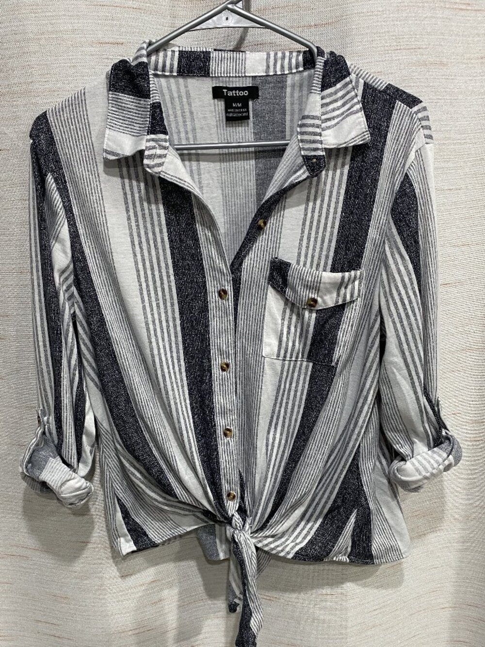 Tattoo Button Up Tied Shirt Grey White Medium Womens (153)